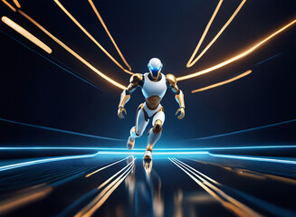 Poster - A futuristic white and gold robot runs forward, propelled by glowing trails of light.  Its design is sleek and powerful, evoking speed and advanced technology.