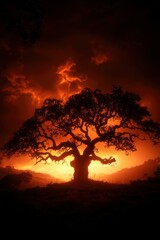 Wall Mural - majestic oak tree silhouetted against fiery sunset sky