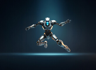 Poster - A sleek, silver robot leaps forward, illuminated by a soft blue light against a dark background.  Its design is futuristic and dynamic, showcasing advanced articulation.