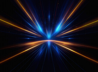 Poster - Abstract image depicting converging streaks of vibrant blue and orange light against a dark background, creating a sense of speed and energy.  The light appears to emanate from a central vanishing poi