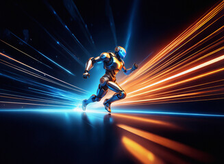 Poster - A metallic humanoid figure sprints across a futuristic landscape, streaks of vibrant light illuminating its rapid movement.  The scene evokes speed, power, and technological advancement.