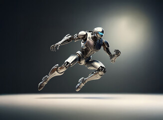 Poster - A sleek, metallic robot leaps forward, its powerful form suggesting speed and agility.  The dynamic pose and polished chrome finish highlight its advanced design.