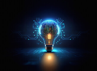 Aufkleber - A glowing lightbulb, its interior a vibrant circuit board, symbolizes innovation and technological advancement.  Surrounding it, abstract digital pathways radiate outward.