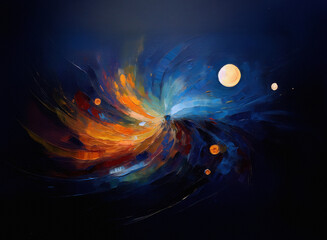 Poster - A swirling cosmic nebula, vibrant with orange and blue hues, features celestial bodies orbiting a central point.  The scene is dark, mysterious, and evocative of space.