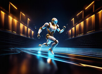 Poster - A futuristic robot, sleek and white with gold accents, sprints across a glowing track in a dark, technologically advanced arena.  The scene is dramatic and dynamic, showcasing advanced technology and 