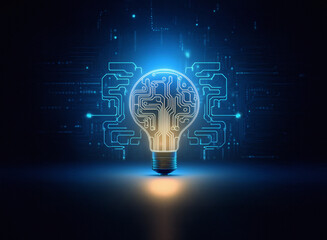 Aufkleber - A glowing lightbulb, its filament replaced by a circuit board, sits against a dark background of digital circuitry, symbolizing innovation and technological advancement.