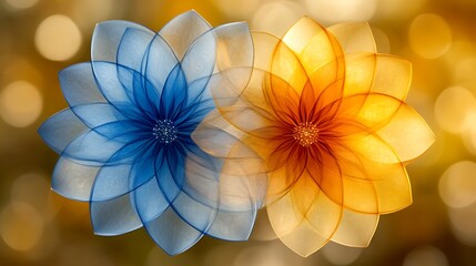 Poster - Elegant translucent floral design with blue and orange petals against a golden bokeh background