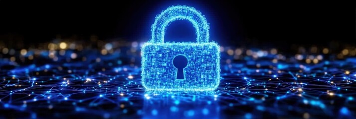 Poster - glowing digital padlock icon representing cyber security and online protection in a networked enviro