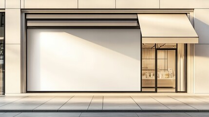 Poster - Large blank white wall rendering with storefront design showcasing contemporary architecture and clean lines, ideal for commercial or artistic use