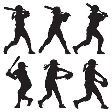 set of black various poses baseball player silhouette	