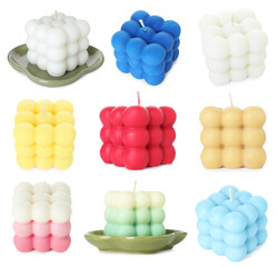 Wall Mural - Different trendy bubble candles on white background, set