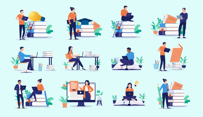 Leinwandbilder - Studying end education vector collection - Set of graphics with student people working and reading for school and courses online. Flat design illustrations on blue background