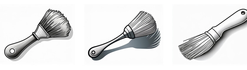 Poster - Three grayscale illustrations depict various kitchen utensils resembling brushes, presented as icons.  They feature different bristle styles and handle designs.