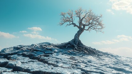 Lone tree atop snowy, rocky peak under blue sky