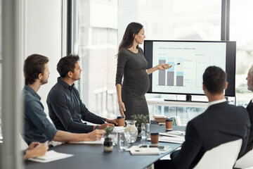 Aufkleber - Presentation, meeting and pregnant woman with graph in office for feedback, finance statistics and review. Corporate, speaker and business people for planning, company insights and growth in workshop