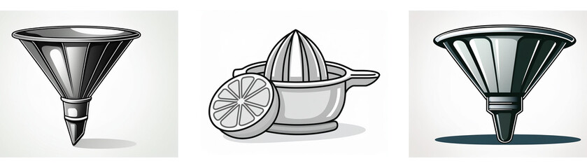 Poster - A set of three kitchen utensil icons: a funnel, a citrus juicer, and another funnel.  These simple grayscale illustrations are visually appealing and easy to understand.