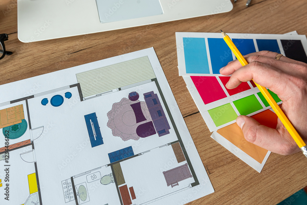 color palette and drawing blueprint of house, laptop computer on office ...