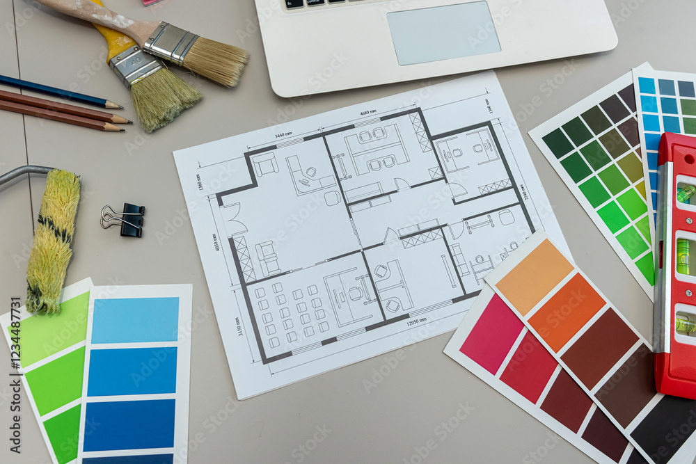 architectural plan of the house with color palette guide catalog with