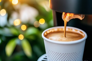 Wall Mural - Freshly Brewed Coffee Pouring Into White Paper Cup with Bokeh Lights