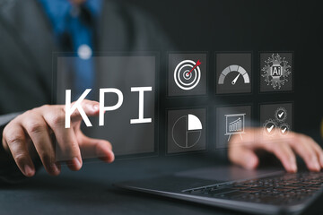 Aufkleber - KPI Key Performance Indicator, person performance indicators, Person working with data management system to make report with KPI, metrics connected to database. Finance, operations, sales, marketing