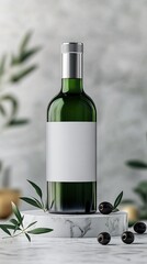 Wall Mural - Modern Olive Oil Bottle with Metallic Lid on a Marble Pedestal with Olives and Leaves against Modern Wall. Copy space. Generative AI