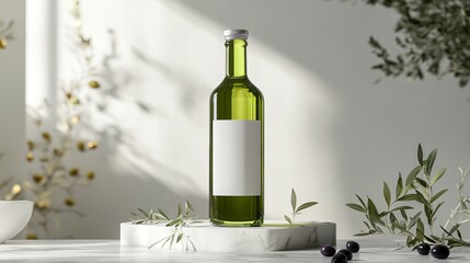 Wall Mural - Modern Olive Oil Bottle with Metallic Lid on a Marble Pedestal with Olives and Leaves against Modern Wall. Copy space. Generative AI