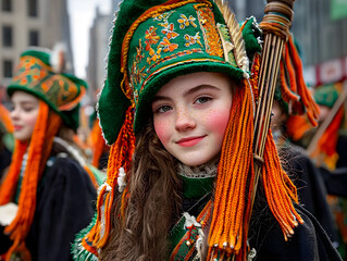 young woman in festive green and orange attire smiles during vibrant parade