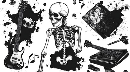 Poster - Skeletal Shredder - Monochrome Grunge Guitar and Skull Imagery
