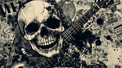 Poster - Skull Guitar Grunge Music Art Vintage Abstract Splash Texture