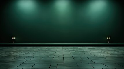 Poster - Empty 3D Render of a Spacious Room with Green Wall and Soft Lights for Minimalist Design and Interior Decoration Inspiration