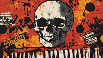 Poster - Skull Silhouette with Musical Notes Grunge Abstract Background