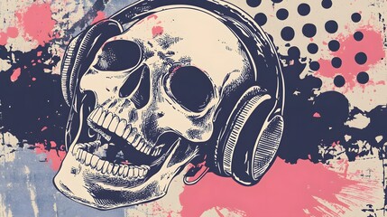 Poster - Skull with Headphones Grunge Abstract