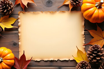 Wall Mural - A blank invitation with warm-toned paper, placed on a wooden table with autumn leaves, pinecones, and a small pumpkin