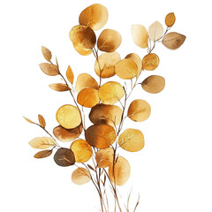 Leinwandbilder - A watercolor painting depicting a bunch of eucalyptus leaves in shades of gold and brown on a black background.