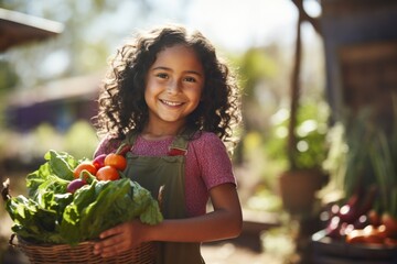 Sticker - A happy Latino girl farmer holding vegetables smile organic child.