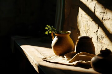 Wall Mural - Sunlit Rustic Still Life Featuring Pottery and Herbs