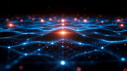 Poster - Abstract network background with glowing blue lines and red dots on a dark surface
