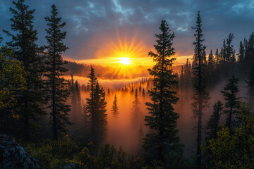 Poster - Majestic sunrise illuminating a misty pine forest with golden rays and a serene atmosphere