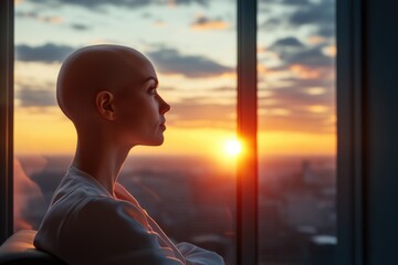 Wall Mural - Woman gazing out of window at sunset