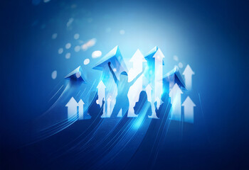 Leinwandbilder - Abstract illustration of upward trending arrows with silhouetted figures celebrating success, symbolizing growth and achievement.  Blue, dynamic, and positive energy.