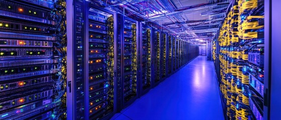 Poster - High-Tech Server Room with Colorful Lights and Cables