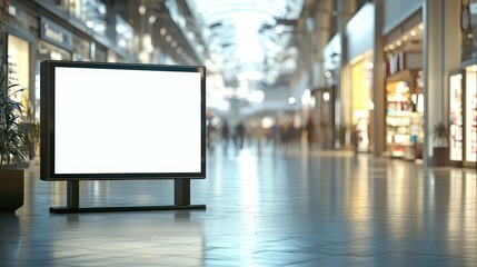 Poster - Blank Billboard Display in Modern Shopping Mall with Bright Lighting and No People Present, Ideal for Advertising or Promotional Content
