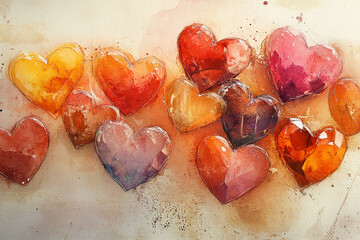 Poster - Watercolor hearts in vibrant red, orange, and pink shades, symbolizing love, passion, and affection, ideal for Valentine's Day or romantic themes.
