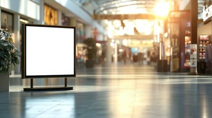 Poster - Blank Billboard Display in Empty Mall Space with Natural Light Streaming Through Windows and Reflecting on Floor Tiles