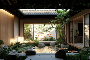 Poster - Serene Japanese Garden Courtyard with Koi Pond and Artwork