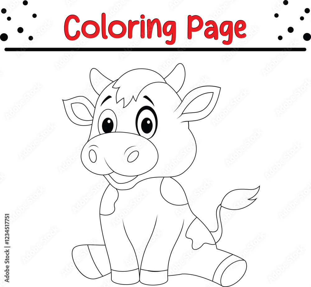 Cute Cow coloring page. Farm animal coloring page for kids. Stock