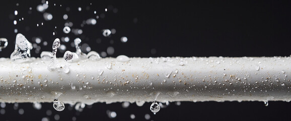 Poster - a close-up of water droplets splashing off a white pipe, creating dynamic motion and highlighting th