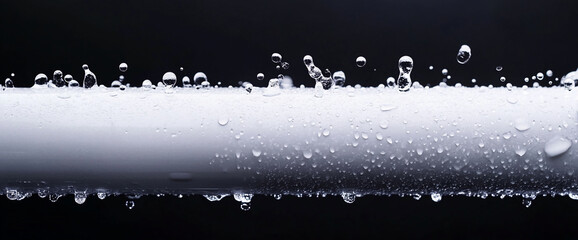 Poster - close-up of water droplets on a white pipe with splashing water, symbolizing cleanliness and freshne