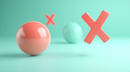 Poster - Colorful 3D Render of Soft Pastel Spheres and Geometric Shapes against a Smooth Aquamarine Background, Creating a Playful and Modern Visual Composition