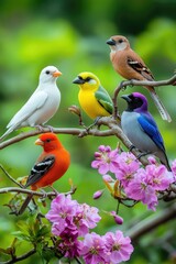 Wall Mural - Colorful Birds Perched on Tree Branch